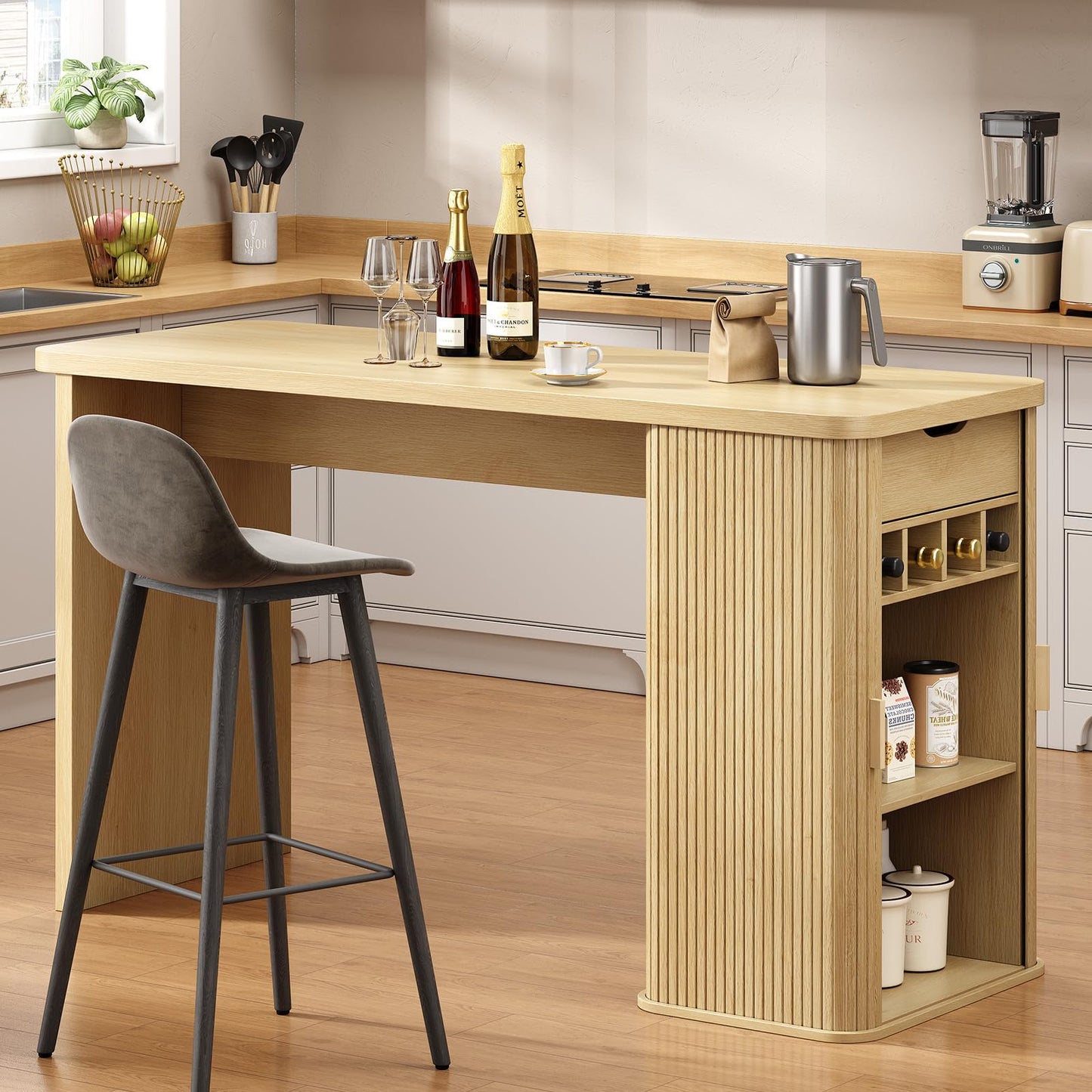 ONBRILL 59 Inch Kitchen Island with Storage, Fluted Counter Height Table, Mid-Century Modern Kitchen Island Table with Sliding Door, Home Bar Tables with Wine Rack and Drawers (Oak)