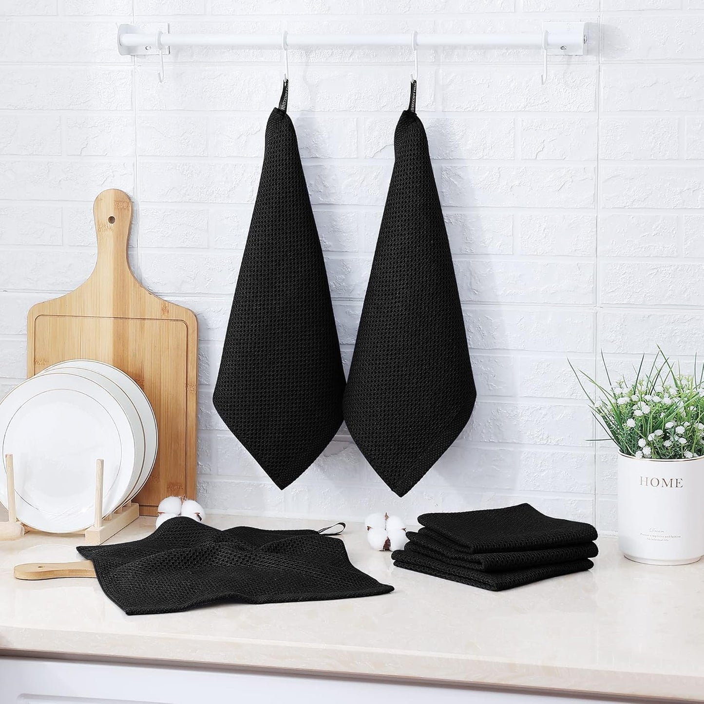 Skiennix 100% Cotton Waffle Weave Kitchen Towels - Ultra Soft & Absorbent 6 Pack | Quick Drying, 12x12 Inches, Black