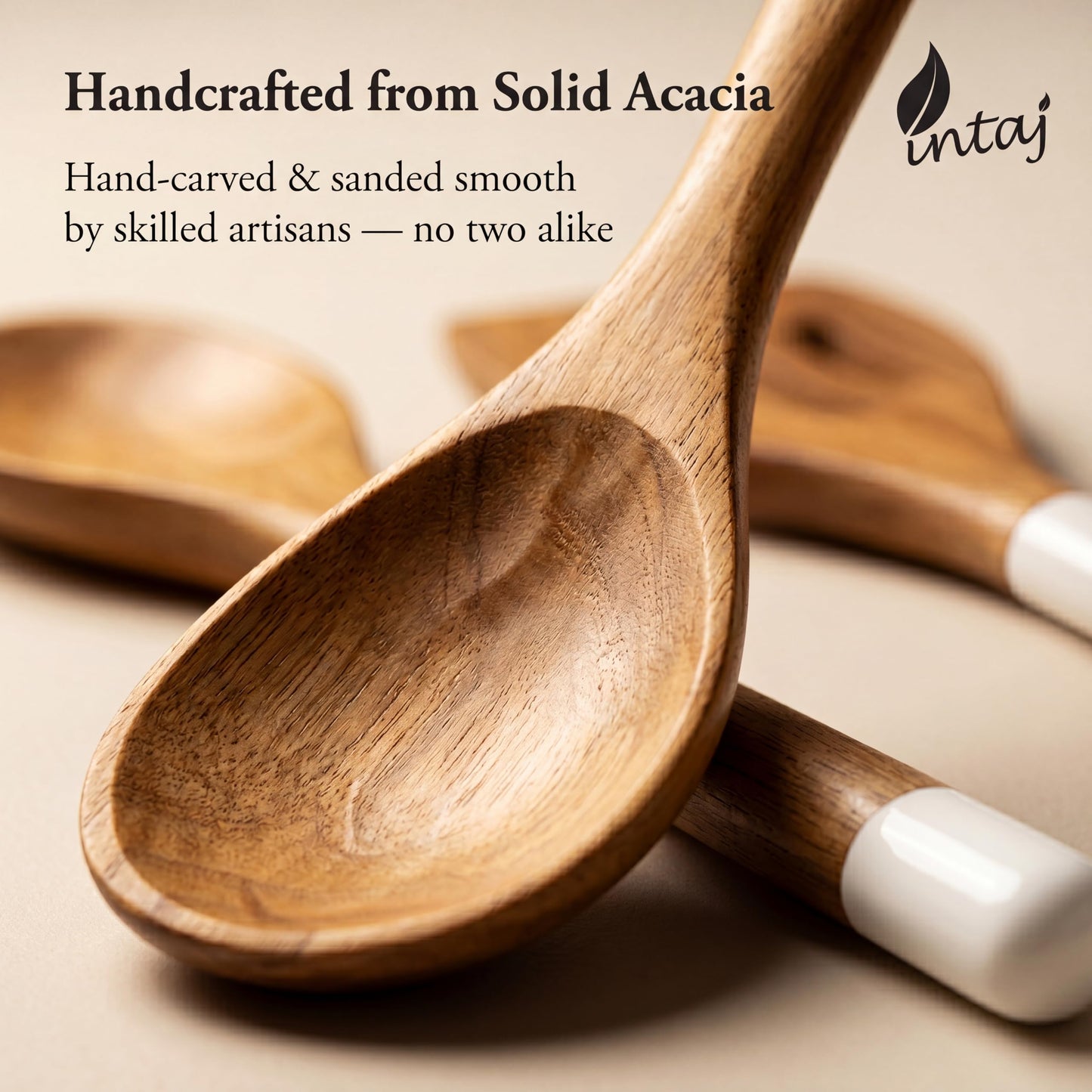 INTAJ Wood Kitchen Utensil Set – Handmade Wooden Spoons & Spatula for Cooking and Serving 5-Piece Acacia – Durable, Smooth Surface & Gentle on Cookware – Easy to Clean Kitchen Tools