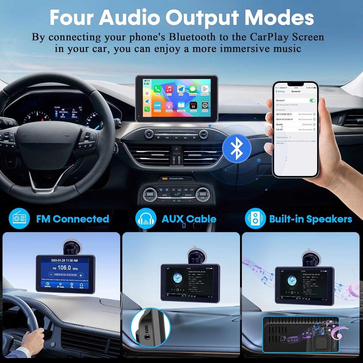 Befumly 3-Min 7 Inch 1080P Commuters Easy Install Portable Wireless Carplay Screen: Plug-Play Support Apple CarPlay