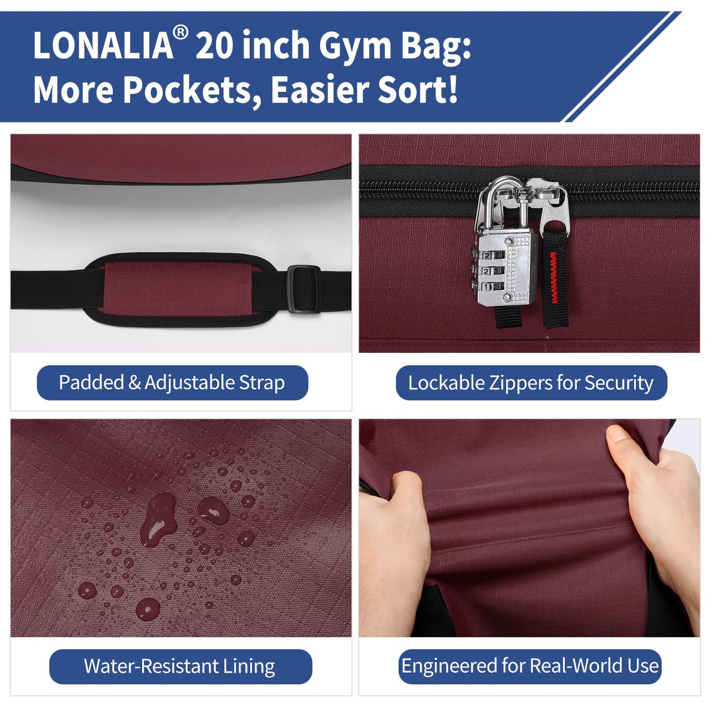 LONALIA 45L Gym Sport Duffle Bag - 20 inch Weekender Overnight Bag for Travel, Workout, Fitness, Training (Maroon-45L)