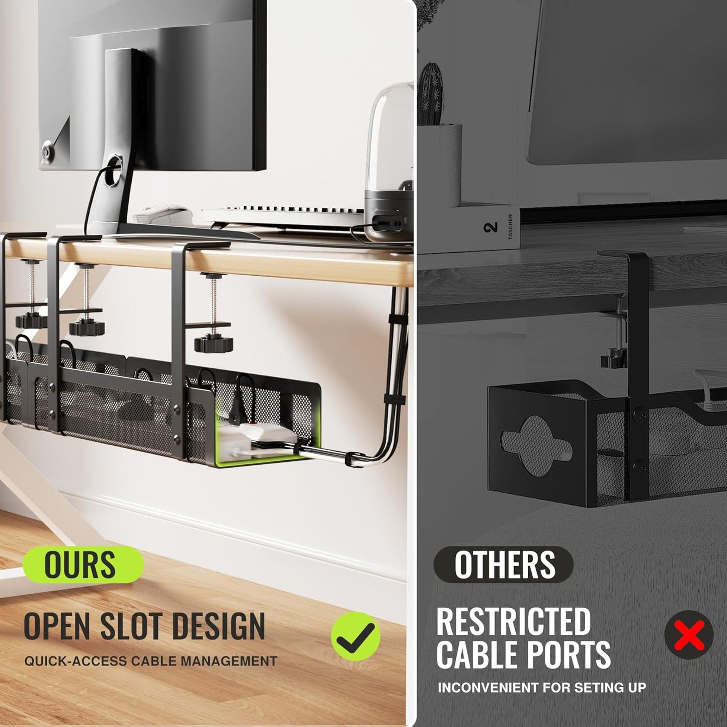 Xpatee 2 Pack 27.6" 3" [Upgraded] Cable Management Under Desk Tray, No Drill Open Slots Cable Management Tray, Cord