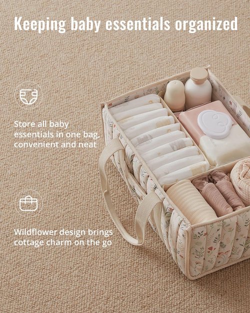 Blissful Diary Floral Diaper Caddy Organizer - Stylish Nursery Storage Basket for Newborn Essentials | Floral Beige