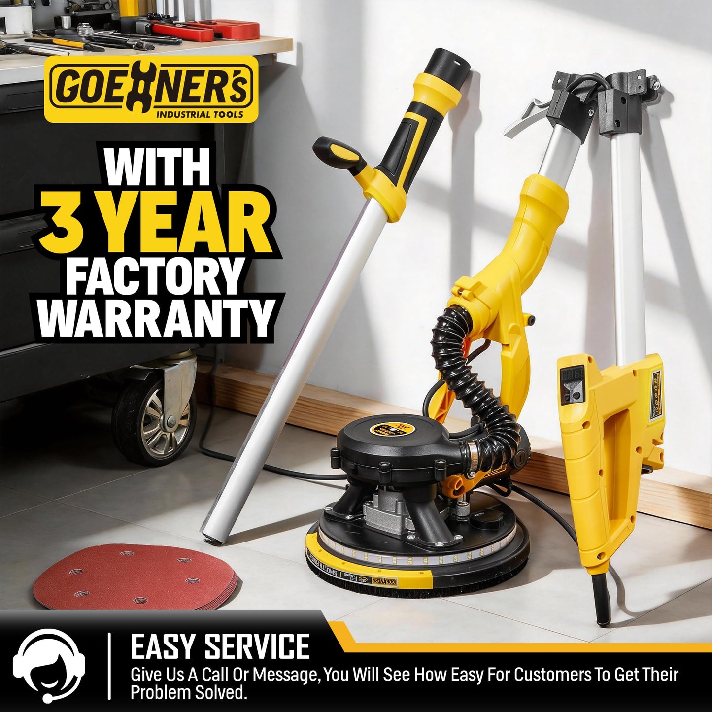 Drywall Sander, 950W 8.5A Electric Drywall Sander with Vacuum Dust Collector, 9 Variable Speed 800-2100RPM, 26FT Power Cord, Wall Sander for Popcorn Ceiling, Pole Sander for Drywall (Yellow)