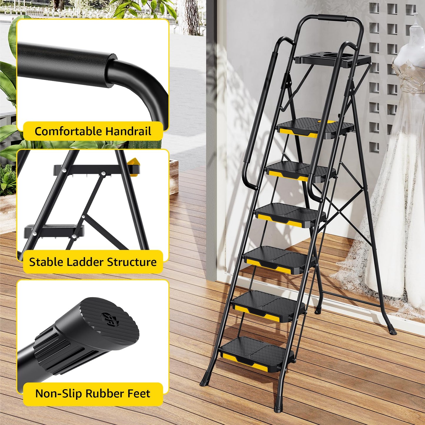 Urackify 6 Step Ladder with Tool Platform, Folding Step Stool with Handrails, Sturdy Steel Ladder with Wide Pedal, 800 LBS Portable Safety Ladder for Painting Home Outdoor Garage