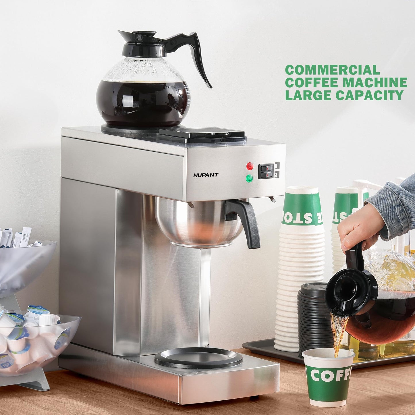 NUPANT 12-Cup Coffee Maker 1.8L Commercial Drip Coffee Maker + 200-Pack 16oz Insulated Paper Cups with Lids | Complete Pour Over Coffee Serving Bundle for Coffee Bar, Restaurant & Catering