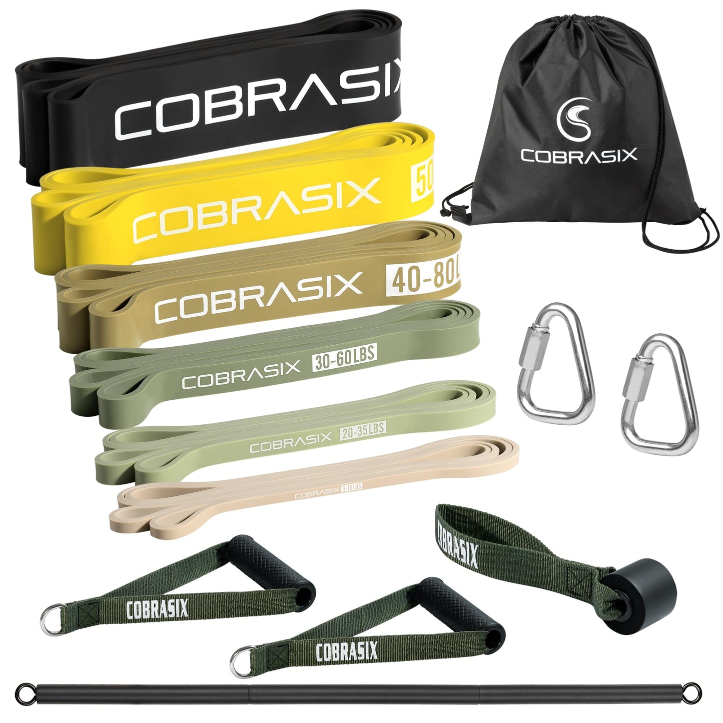 COBRASIX Set of 6 Resistance Bands with Handles, Door Anchor & Bar | Long Resistance Bands for Working Out & Strength Training | Exercise Bands for Home Gym | Pull Up Assistance Bands | Men and Women