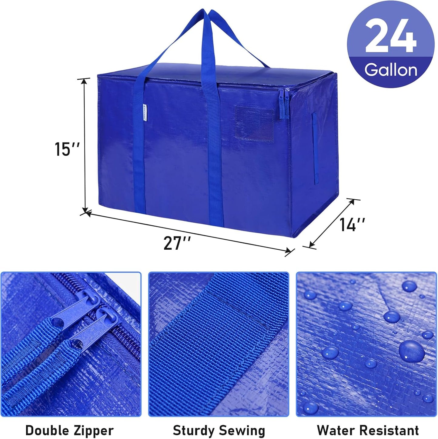 TICONN Extra Large Heavy-Duty Moving Bags - Durable Storage with Zippers & Handles | 2 Pack, Blue