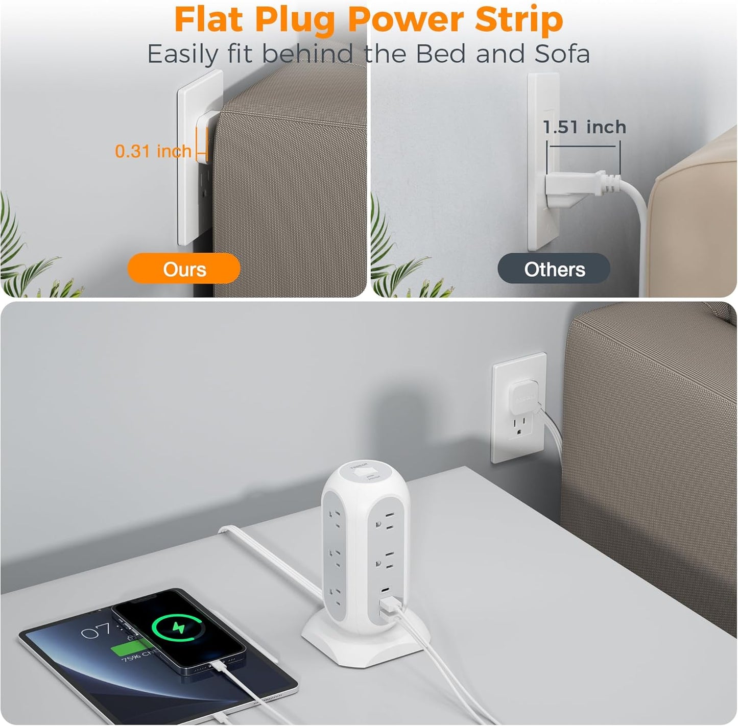 TESSAN 11 3 (1 1625W/13A,1050J 6 Tower Power Strip Flat Plug with Outlets USB USB C), Surge Protector Tower Protection