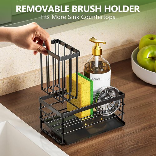 Cisily Sink Caddy - Rustproof Kitchen Organizer with Brush Holder & Self-Draining Tray | Black
