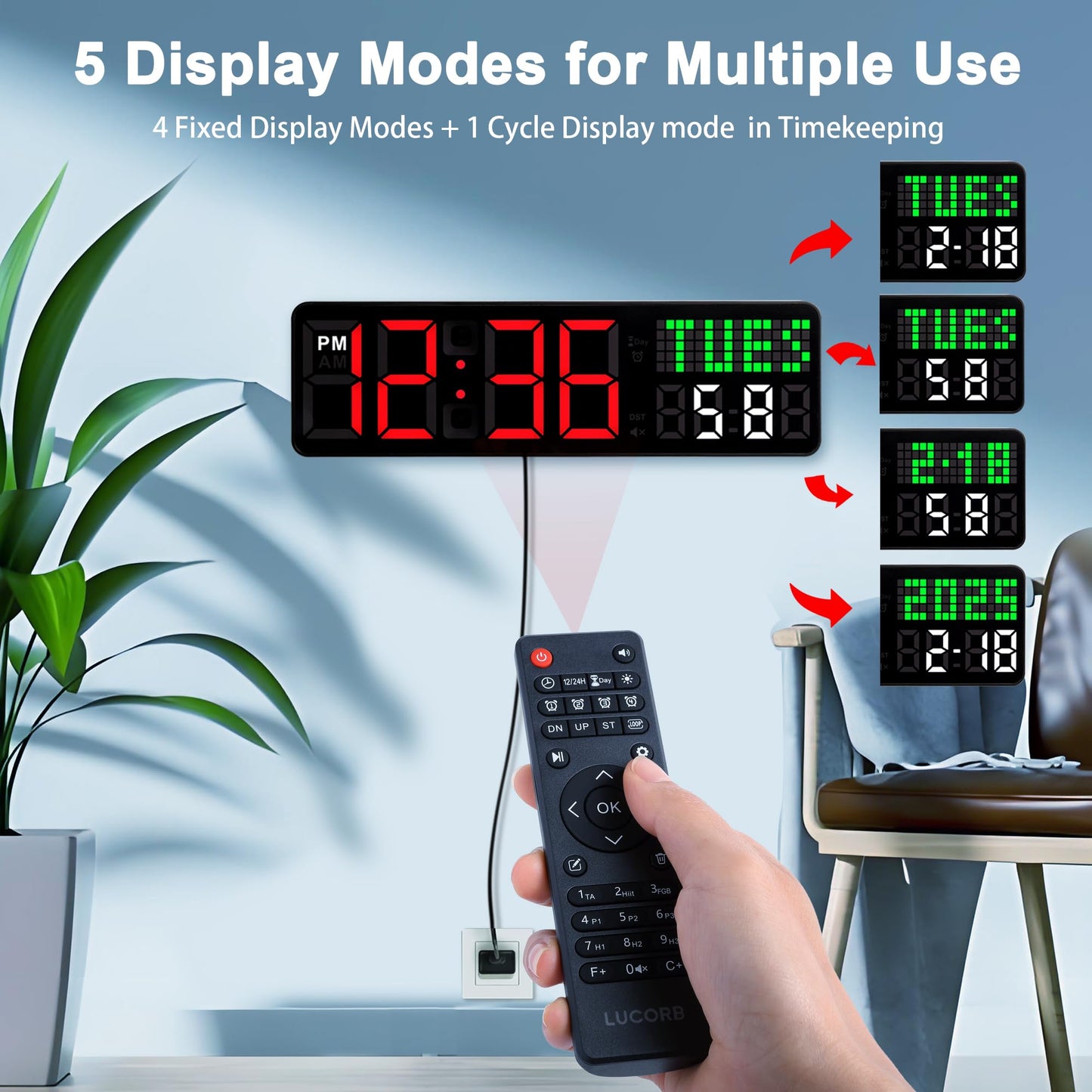 Home Gym Timer, 12'' Interval Workout Clock with Seconds | Remote Control | 5 Display Modes, 4 Alarms | Countdown Wall Clock for Gym Garage Crossfit HIIT Classroom