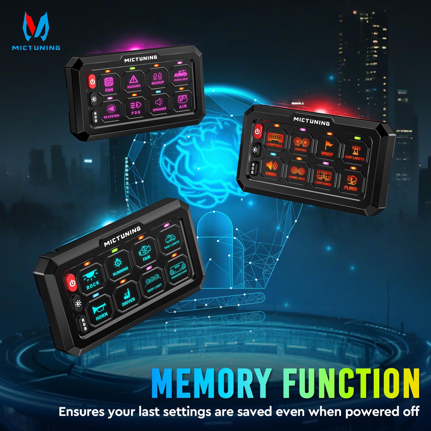 MICTUNING P1C+ RGB 8 Gang Switch Panel, IP67 Waterproof 6 Level Brightness Multifunction Toggle Momentary Flash Strobe Circuit Control Relay System Box for Off Road Truck SUV UTV RV