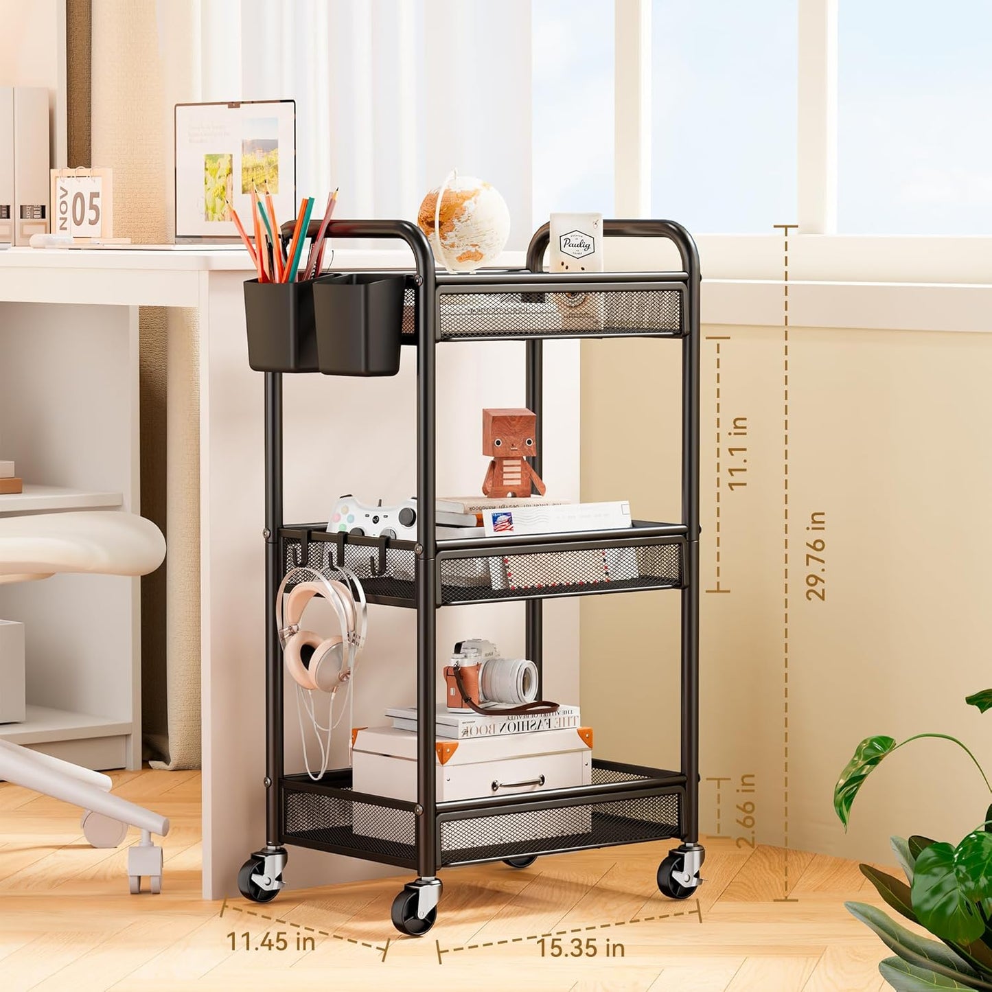 YASONIC 3-Tier Rolling Cart - Metal Utility Storage with Wheels & Hooks | Black Craft Organizer