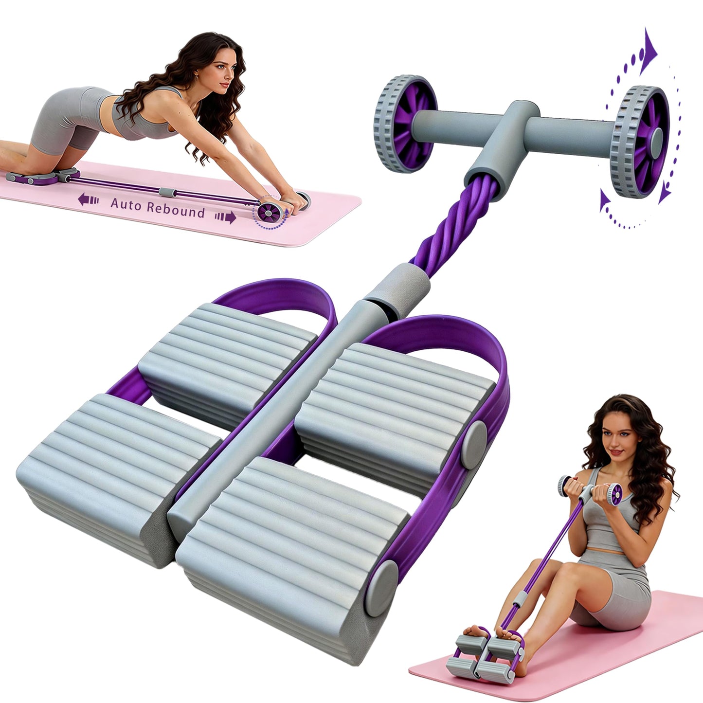 Resistance Bands with Handles, 6 Tube Pedal Resistance Band for Exercise, Dual Pedal Adjustable Resistance, Ab Roller Handle Full Body Home Workout Equipment for Abs, Legs, Arms, Women (Purple)