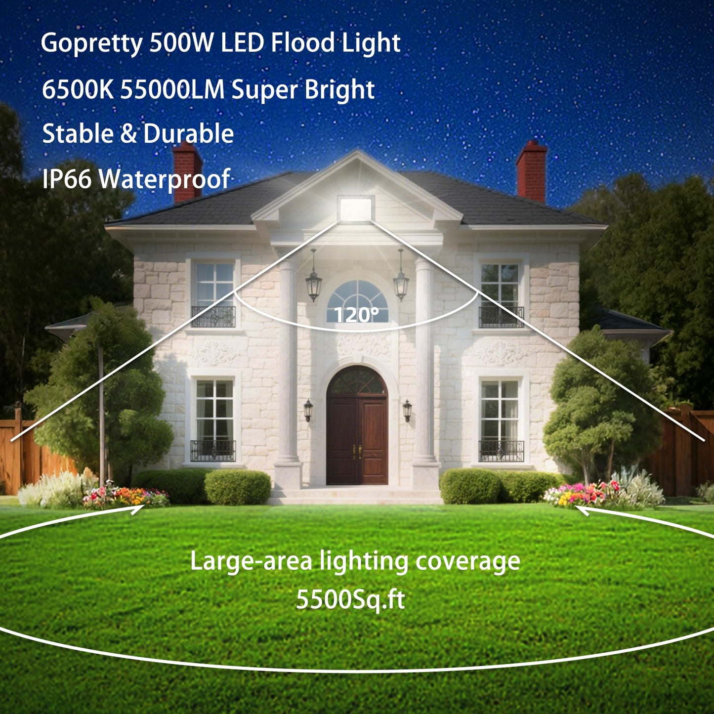 500W LED Flood Light Outdoor 2 Pack, 2000W Equivalent FloodLight with Plug, Super Bright 55000LM 6500K Daylight White IP66 Waterproof Commercial Lighting for Sports Fields,Courts,Arena,Stadium