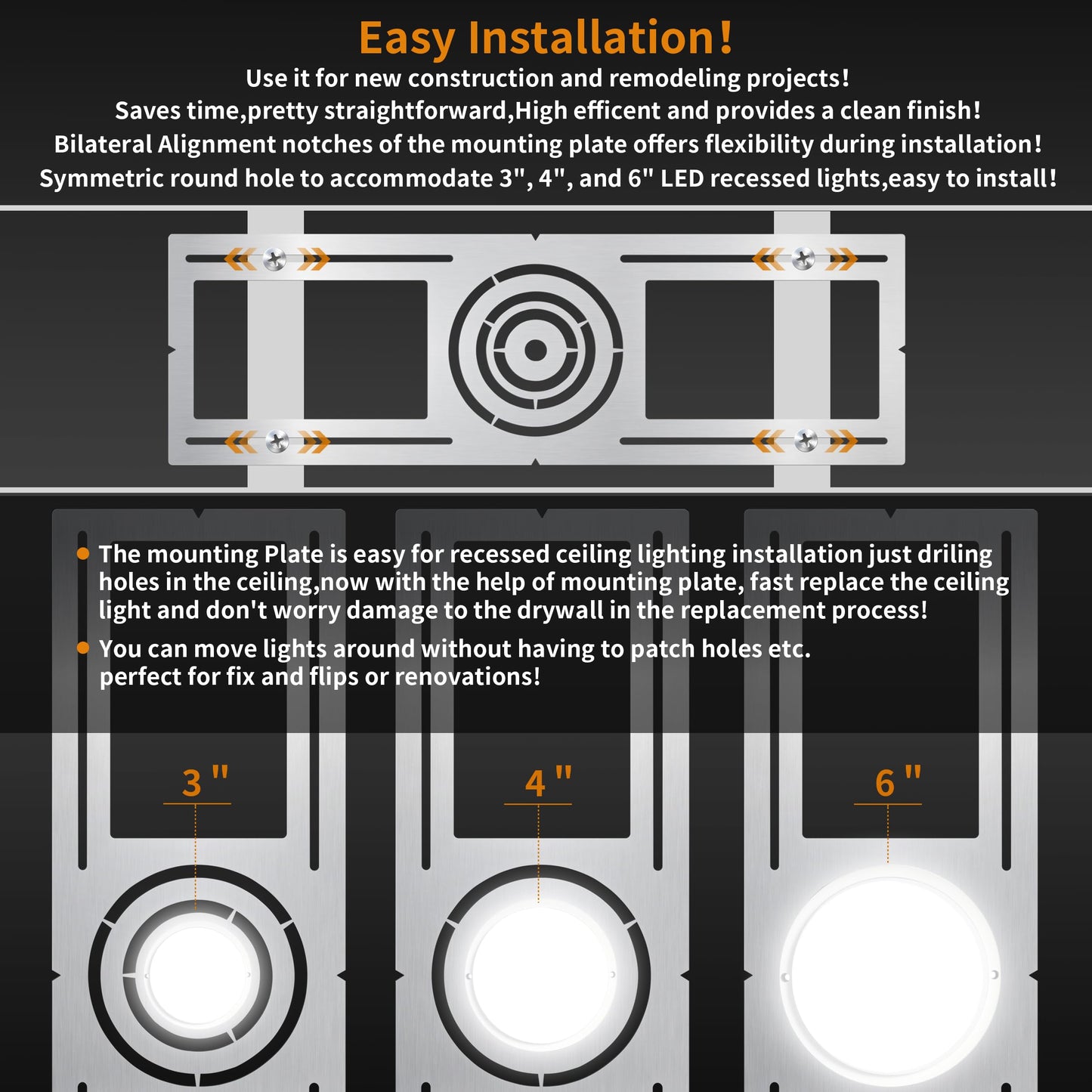 New Construction Mounting Plate, 3-4-6 Inch, LED Recessed Lighting Housing Kits, Flat Steel Rough in Bracket Fixture for LED Light Bar, 36PC Shallow Recessed Lighting Housing Plate