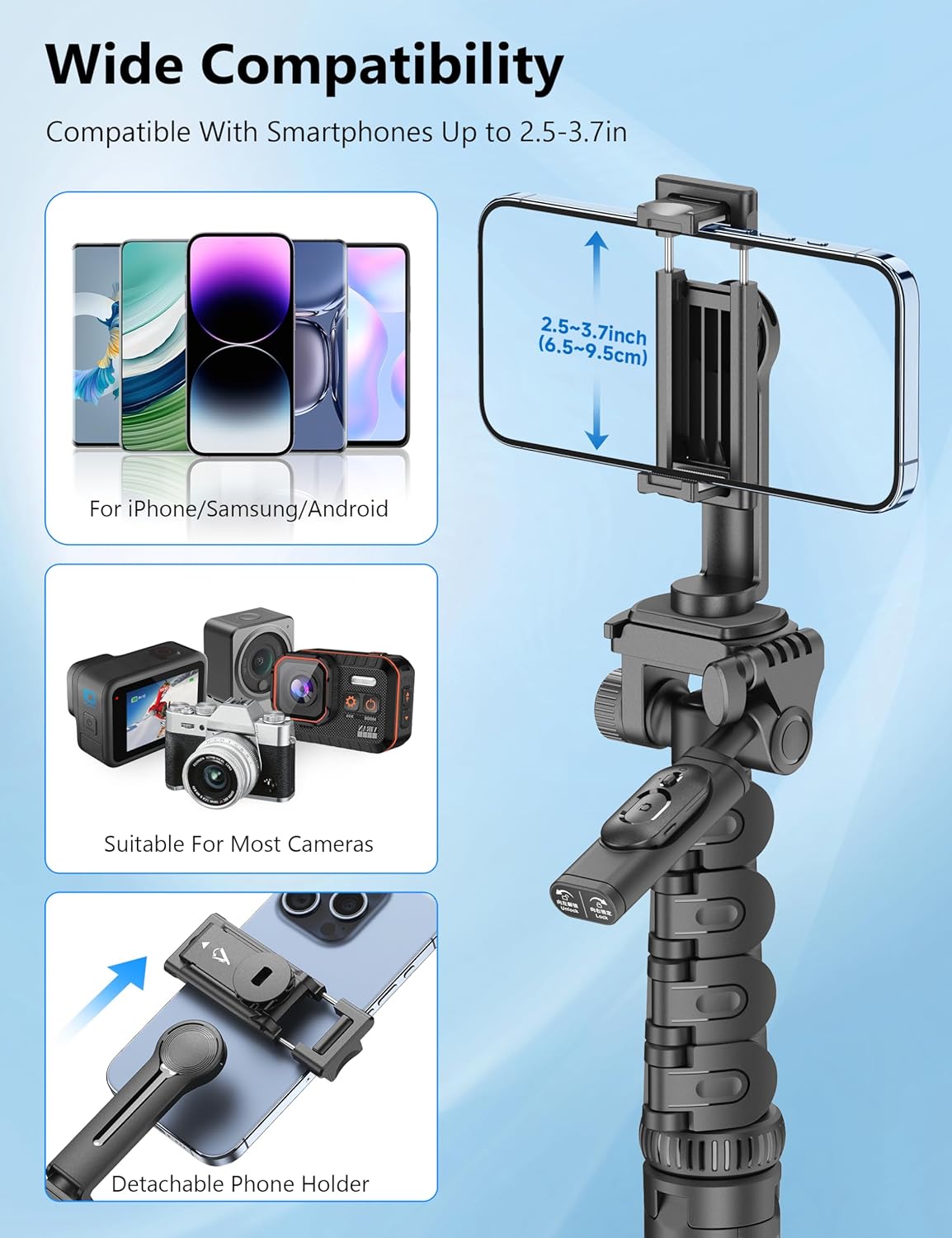 SelfieShow 72" Phone Tripod & Selfie Stick, Extendable Cell Phone Tripod Stand with Detachable Remote&Phone Holder