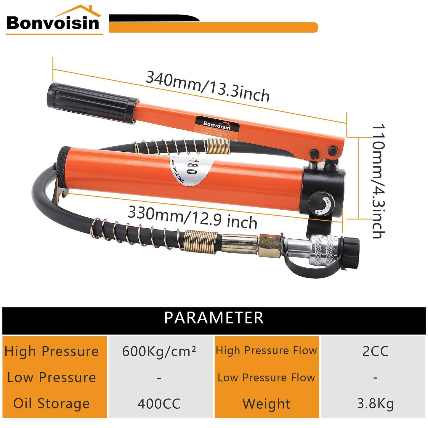 Bonvoisin 20T Hydraulic Ram Cylinder Jack Low Profile Porta Power Ram 0.55" Stroke Single-acting Mini Jack Ram with CP-180 Hydraulic Hand Pump for Machinery Shipbuilding
