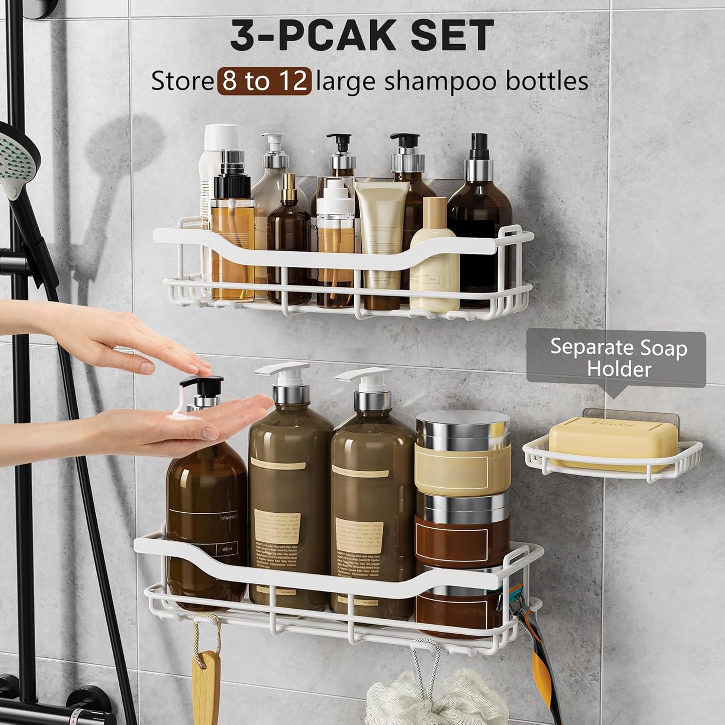 OMAIRA Shower Caddy - 3-Pack Adhesive Rustproof Organizer with Soap Holder for Smooth Walls | White (X-Large)