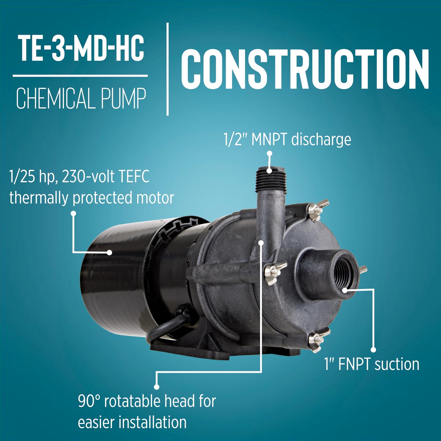 Little Giant TE-3-MD-HC 230 Volt, 1/20 HP, 585 GPH Non-Submersible Highly Corrosive Chemical Transfer Magnetic Drive Pump, 6-Ft. Power Cord (Plug-less), Black, 581614