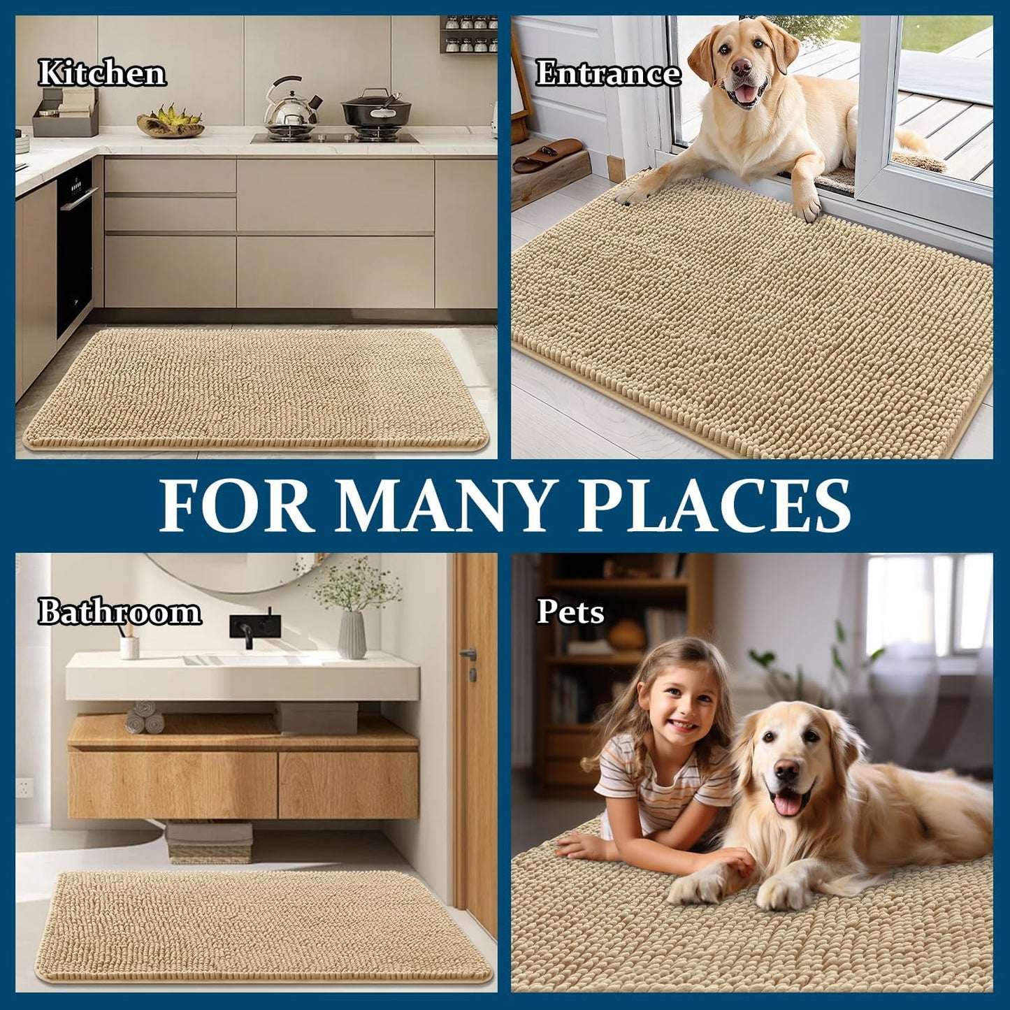 OLANLY Dog Door Mat - Absorbent Non-Slip Washable Chenille Mat for Muddy Paws | 54x32, Beige