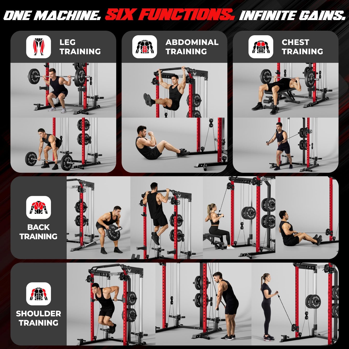JELENS C21 Power Cage, 2000LBS Multi-Function Power Rack with Independent Dual Pulley System, All-in-One Squat Rack for Cable Crossover, Home Gym Workout Machine (Red, C21 Power Cage)