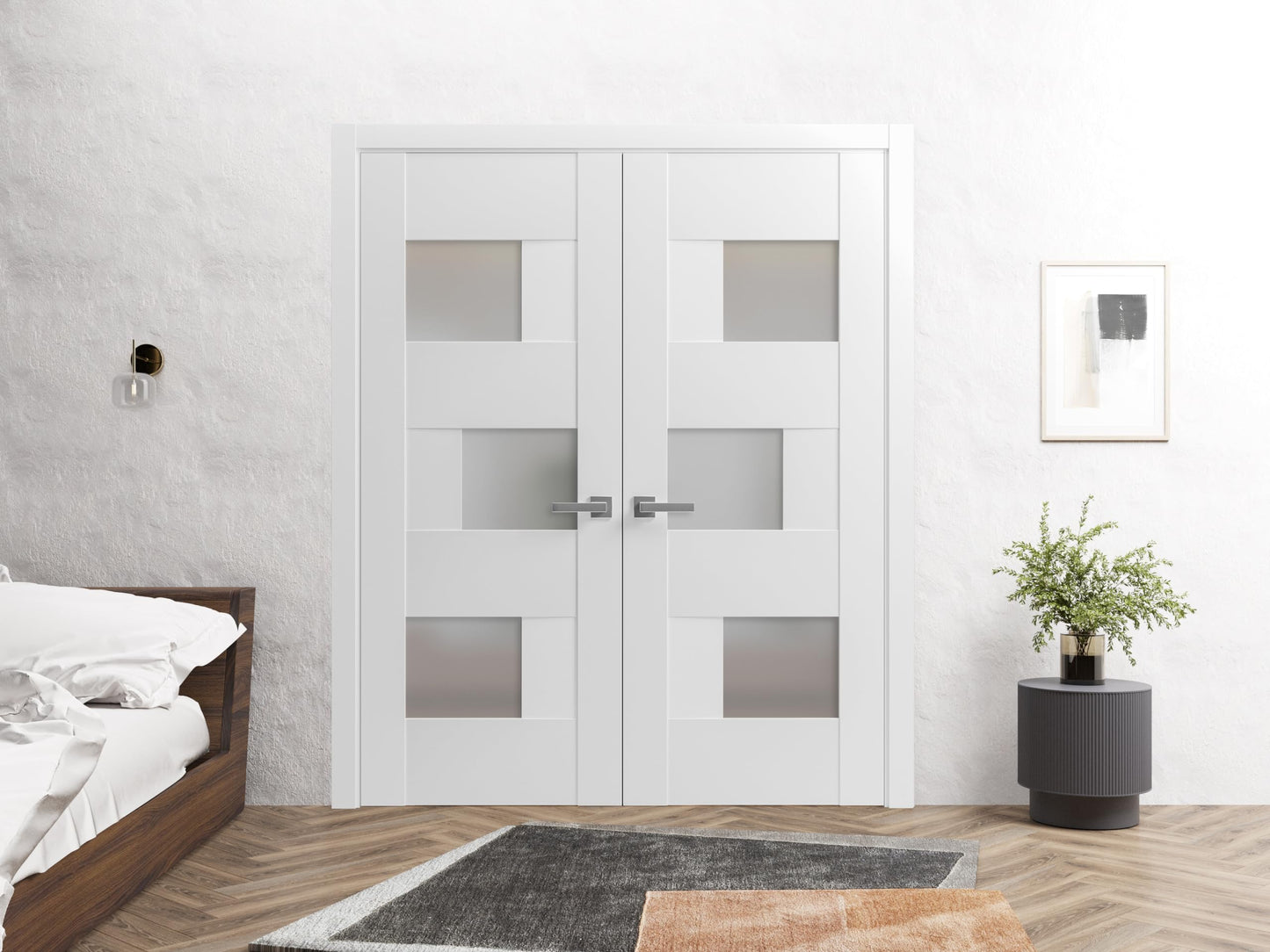 VDOMDOORS Sete 6933 | Double Swing Interior French Doors with Glass with Frosted Glass, MDF, Hardware Included, 60x80, White, Modern