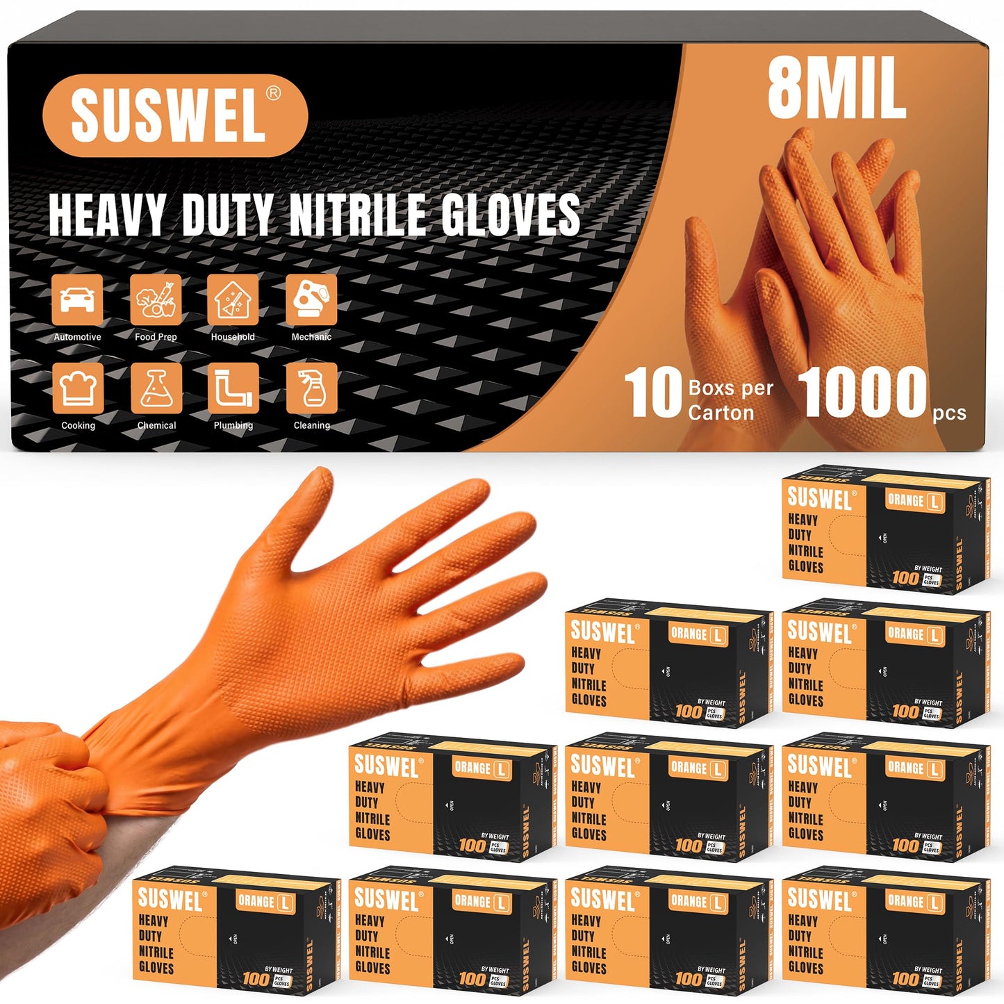 SuSWel Nitrile Gloves Disposable Rubber Latex Gloves HEAVY DUTY 8 Mil Industrial Mechanic Gloves X-Large, Diamond Textured, 1000PCs