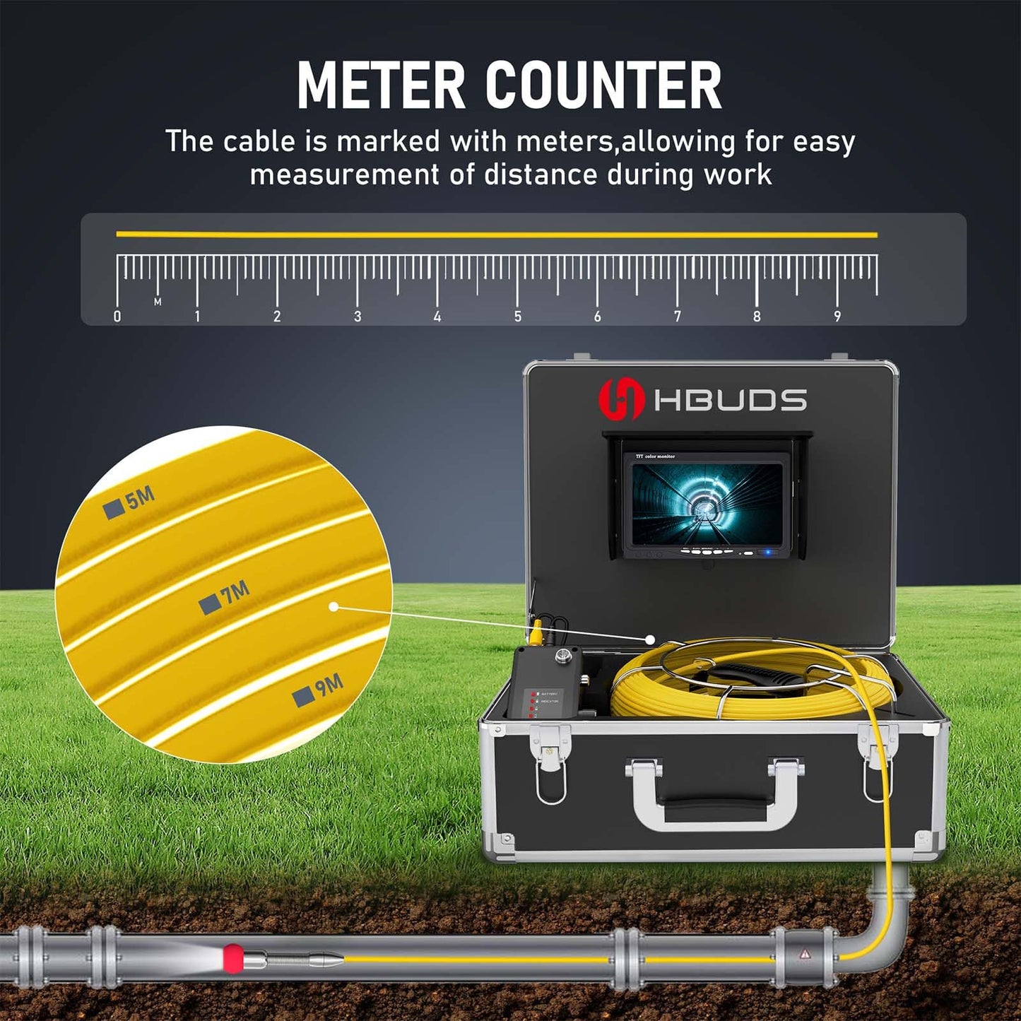HBUDS Sewer Camera Self Leveling, 100ft Drain Pipe Cameras with Meter Counter, 12V 4500mAh Battery Plumbing Snake Camera with Light, 7" Color HD Duct Chimney Sewer Inspection Cam, DVR Recorder 16GB