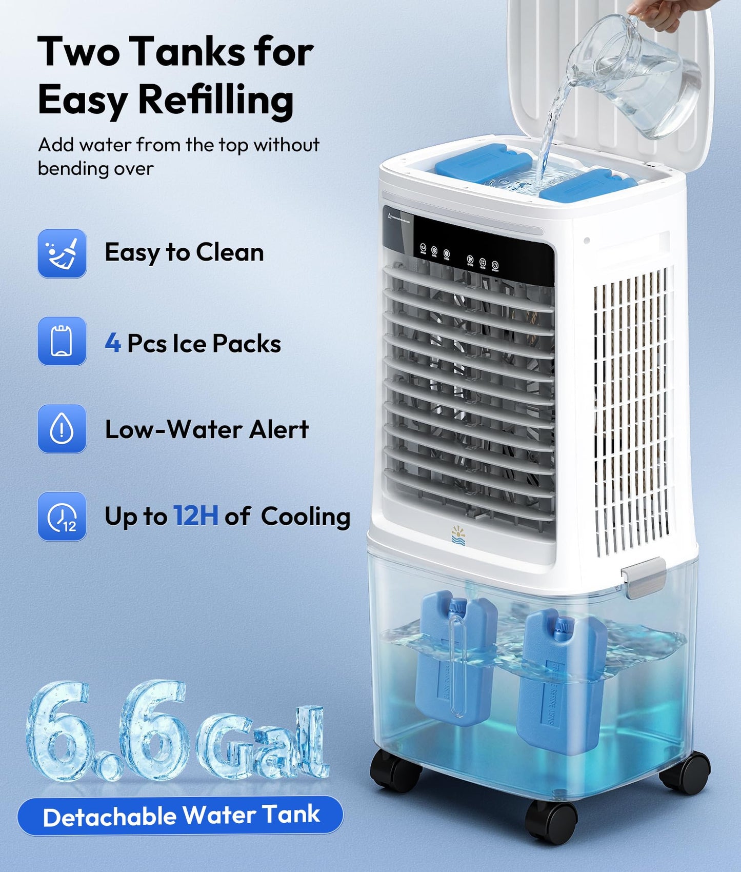 EXNOS 3-in-1 Portable Evaporative Air Cooler - 2000 CFM Swamp Cooler with 6.6-Gal Dual Tank & 4 Ice Packs, Remote Control, 12H Timer, Oscillating Cooling Fan That Blows Cold Air for Large Room, Office