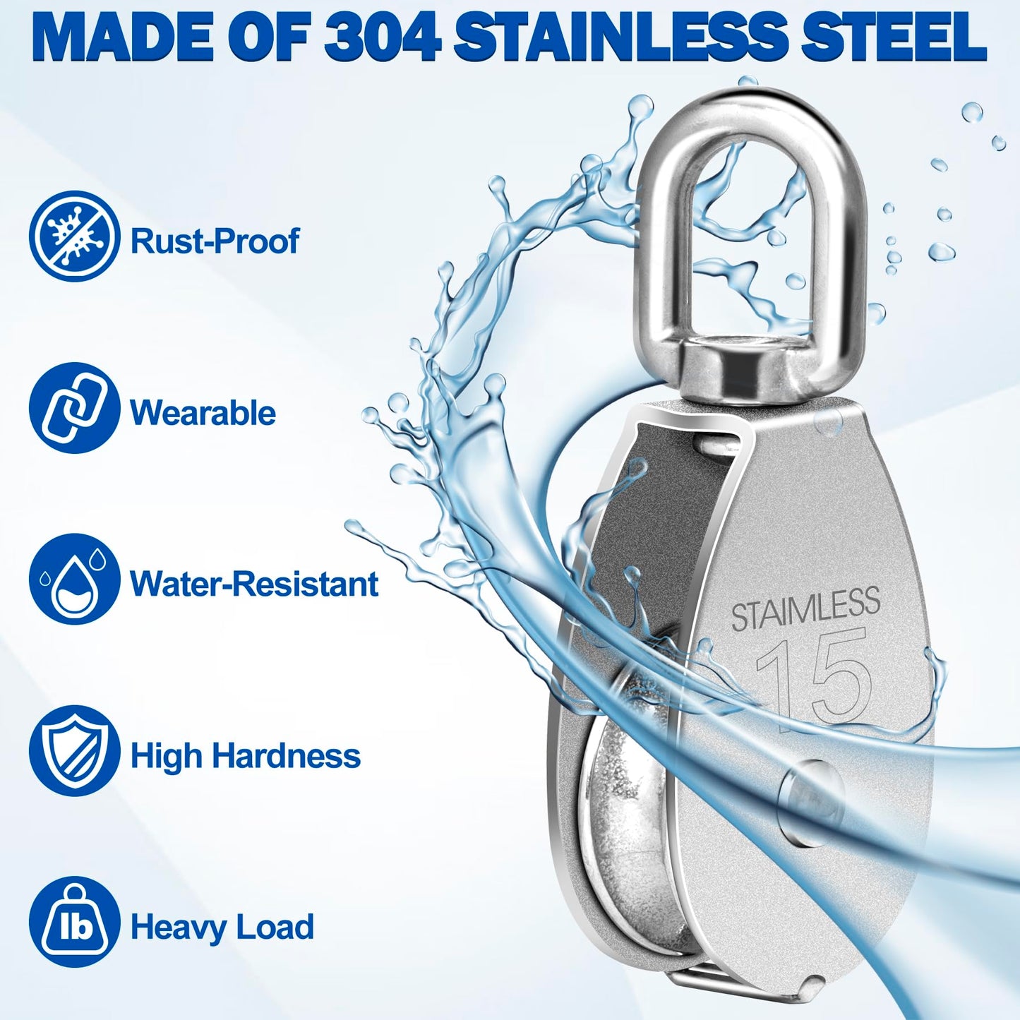 Cable Pulley Wheel Stainless Steel, 8 Pack M15 Single Pulley Snatch Block, Heavy Duty Lifting Crane Swivel Hook, Bearing Inside Rope Pulleys for Lifting System Gym Equipment Clothesline, 77 lbs Load