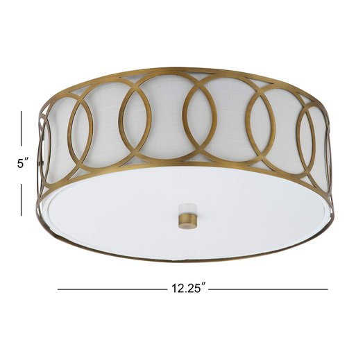 JONATHAN Y 12.25" Brass Gold 2-Light Modern Metal LED Flush Mount Ceiling Light for Bedroom Hallway, White Linen Drum Shade with Geometric Fretwork, LED Bulbs Included JYL3502A