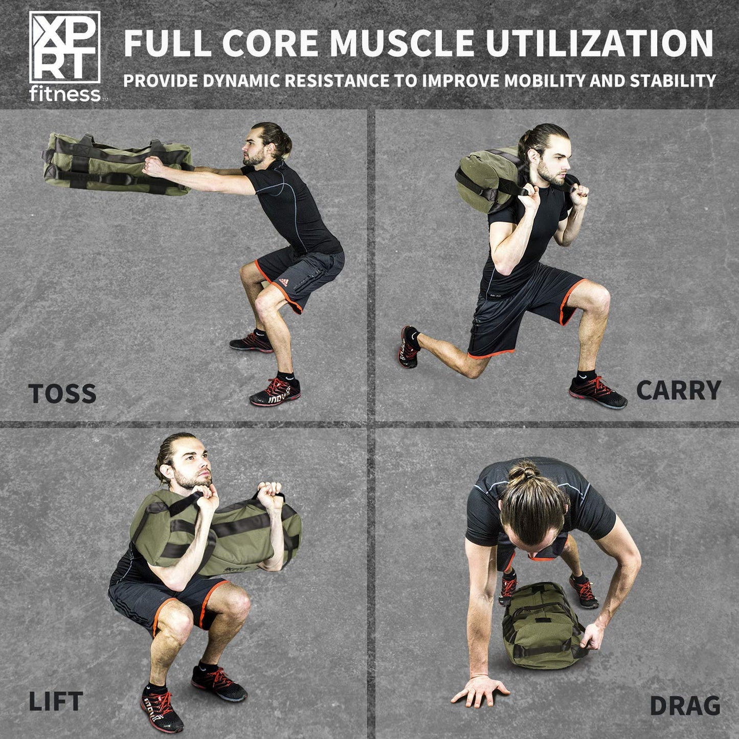 XPRT Fitness Workout Sandbag for Heavy Duty Workout Cross Training 7 Multi-positional Handles - Color Army Green/Black/Camo (Black Set of 3, Small+Medium+Large)