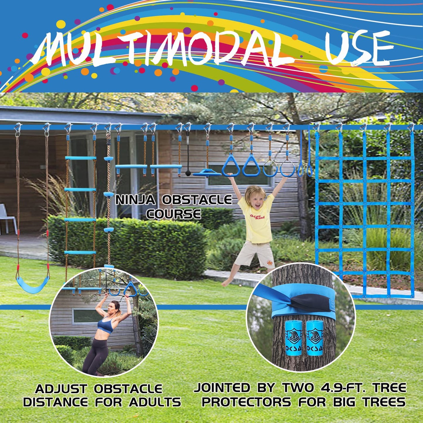 VOKSAFE 56' Weatherproof Ninja Warrior Hanging Obstacle Course Line Backyard Training Equipment Set for Kids, 12 Obstacles, Like Walking Line, Net, Swing