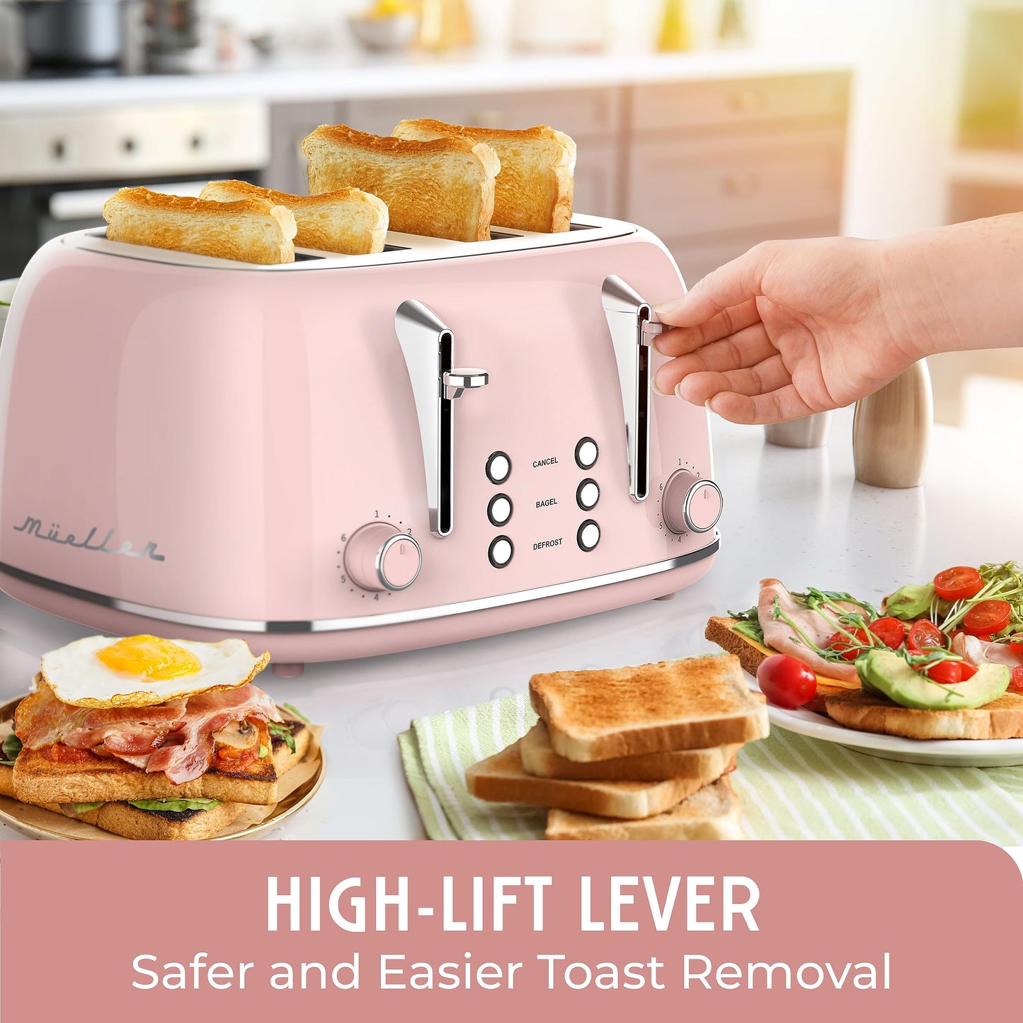 Mueller Retro Toaster 4 Slice with Extra Wide Slots Bagel, Defrost, and Cancel Function, 6 Browning Levels, Dual Independent Controls, Removable Crumb Tray and High Lift Levers, Sage Green