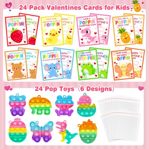 Jyusmile Valentines Day Cards for Kids School - 24 Pack Assorted Pop Fidget Keychains Bulk, Valentine's Day Gifts for Kids Classroom Exchange, Valentine Cards Party Favors for Boys Girls