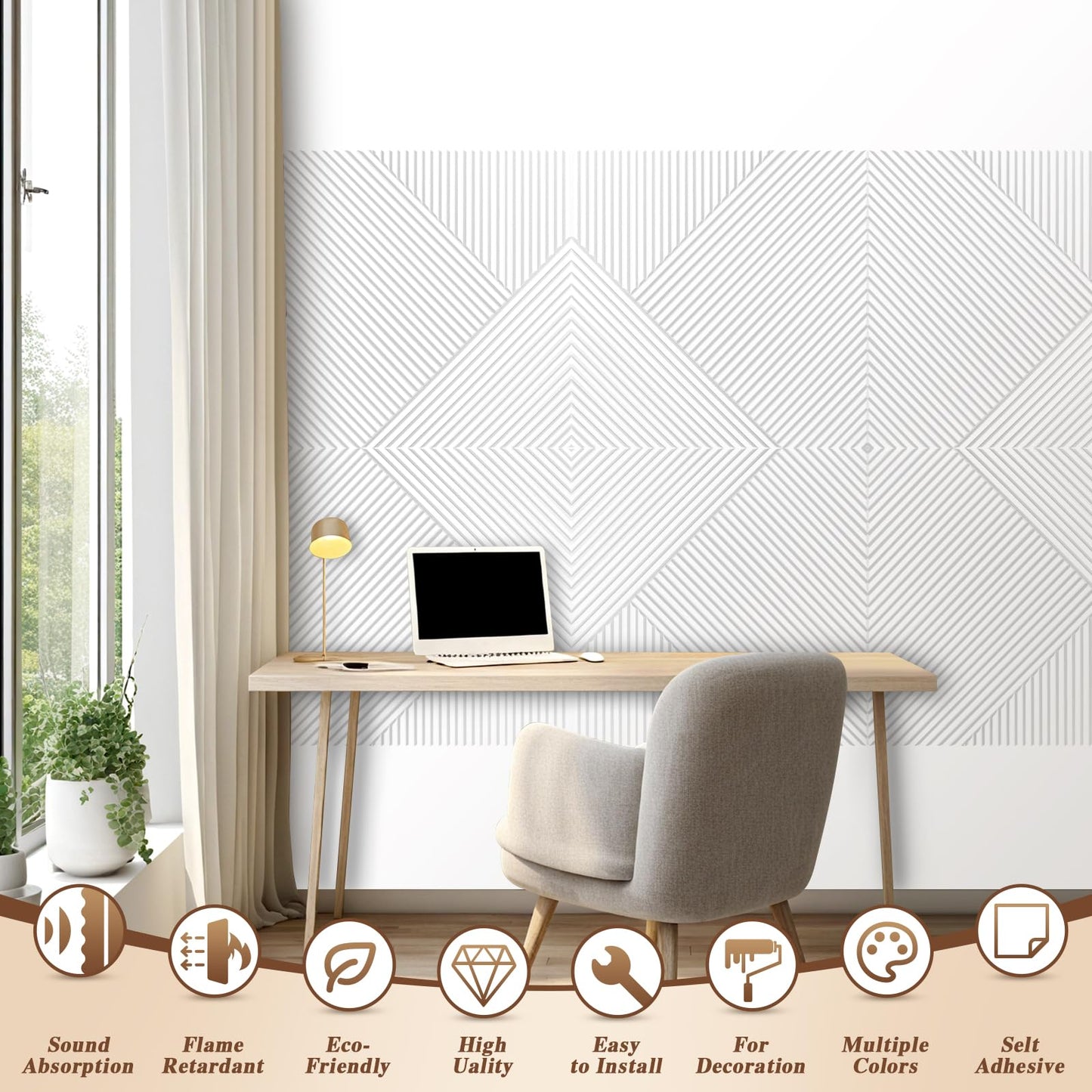 Laapee Self-Adhesive Acoustic Panels 6-Pack, Covers 24 Sq Ft - 23.6"x23.6" Sound Proof Wall Panels, White Wood Grain Decor, 25dB Noise Reduction, No Tools DIY for Home Office & Bedroom
