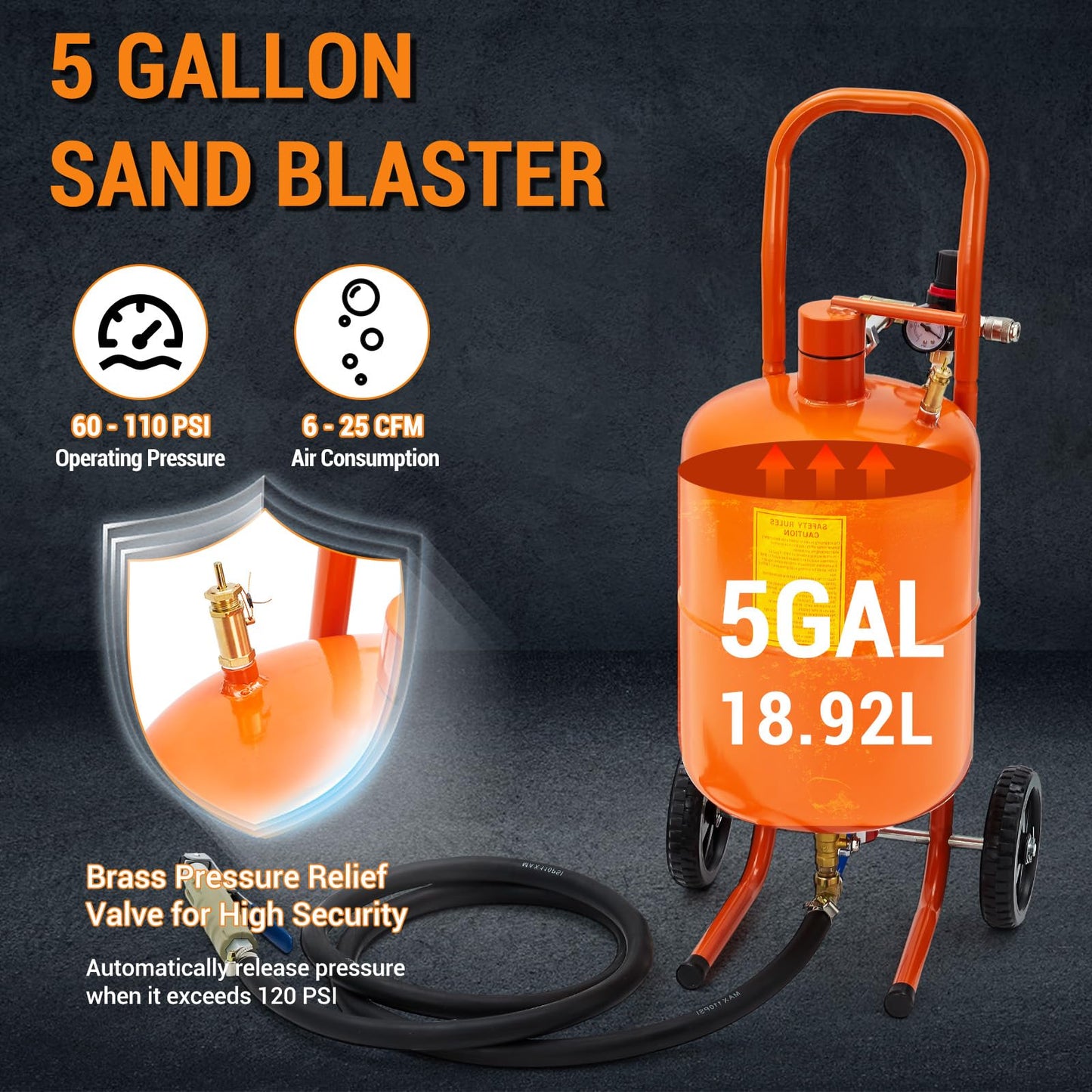 GarveeTech 5 gal Sand Blasting Machine, 60-110 Psi Pressure Air Sand Blasting Kit w/4 Ceramic Nozzles & Oil-Water Separator, Portable Abrasive Blaster for Stain Removal Paint, Orange