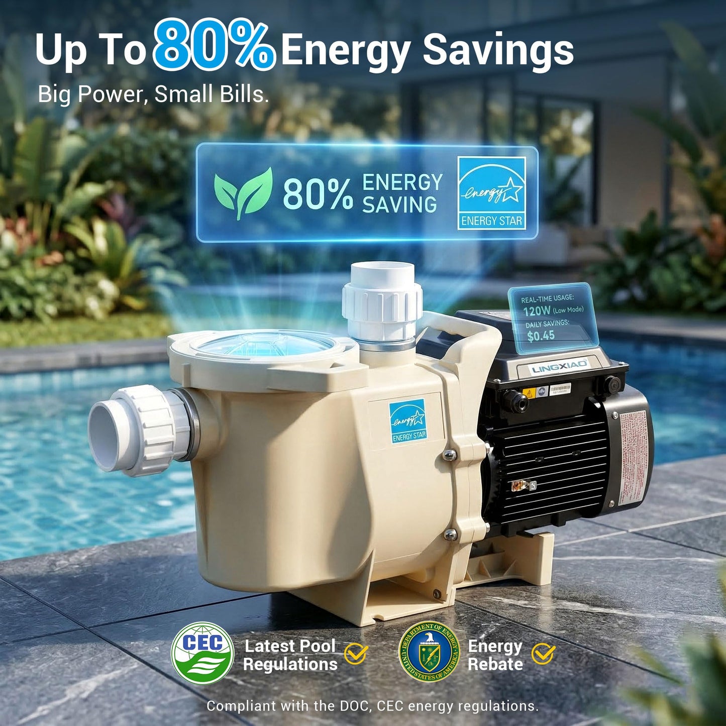 LINGXIAO 3HP Variable Speed Pool Pump - Energy Star Certified Smart Inground Pool Pump, 208-230V Self-Priming Pump Motor, 10800 GPH High Flow, Waterfall Pool Pumps with Filter Basket & 2-Inch Fittings