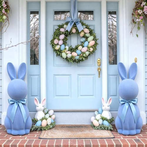Lineshading Blue Easter Bunny Decorations - 25" Flocked Standing Large Bunny Figurine for Porch & Lawn Decor