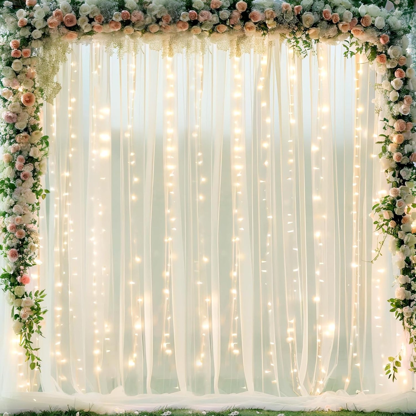 Suppromo 10ft 10ft x Ivory Tulle Photo Backdrop Curtain with Lights String for Parties Wedding Sheer Ivory Curtain