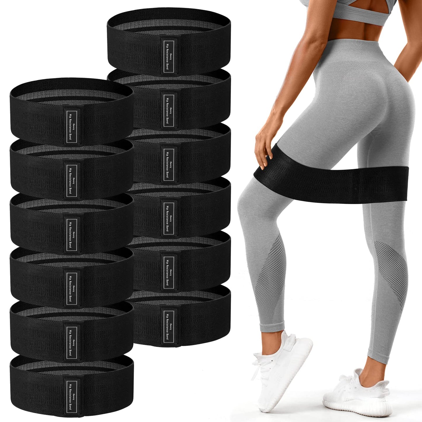 12 Pcs Fabric Resistance Bands for Working Out Booty Workout Stretch Exercise Bands Non Slip for Legs Squat Resistance Loop for Women Men Starter Butt Hip Thigh Fitness (Black,Heavy Resistance)