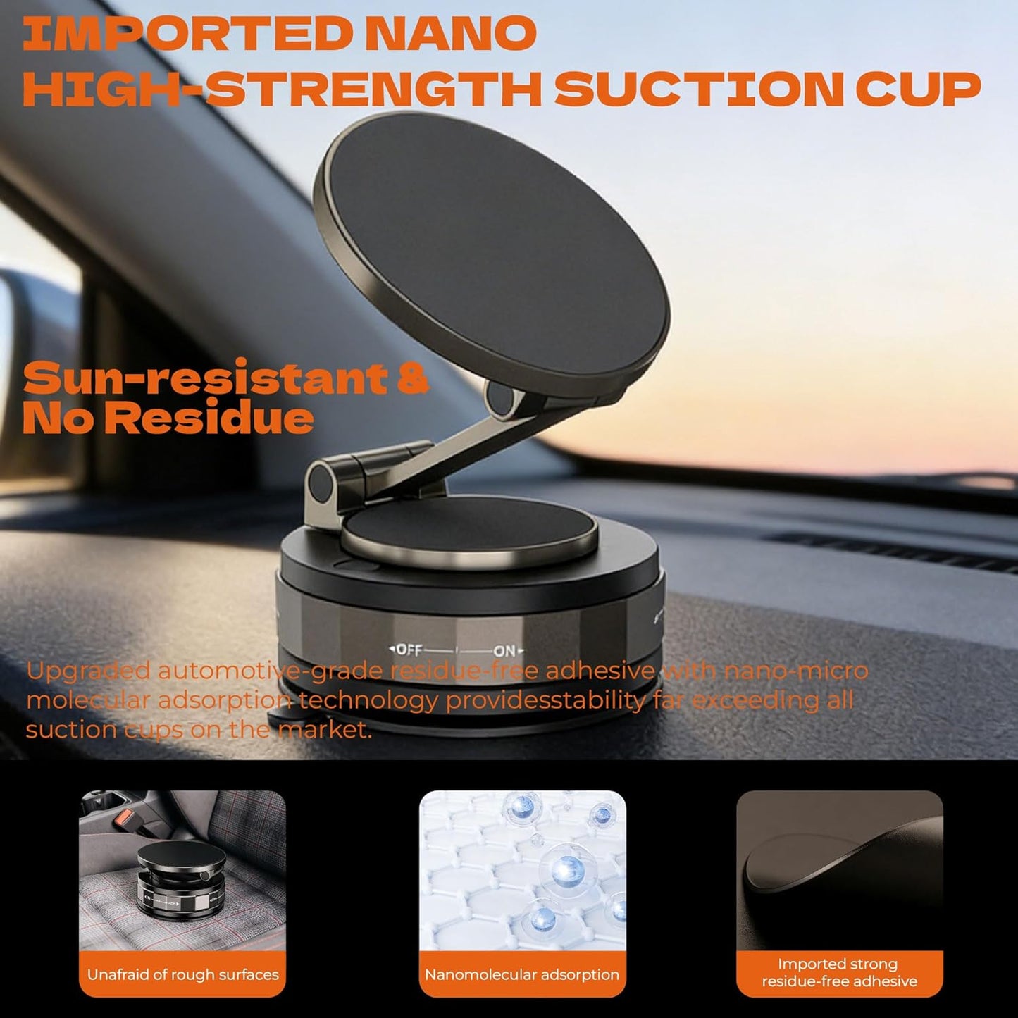 Barydee 360 Magnetic Car Phone Mount, Vacuum Suction Cup Phone Holder for Dashboard & Windshield, Rotatable Foldable