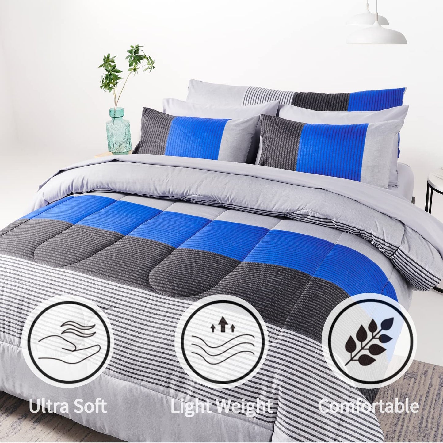 RYNGHIPY 8Pcs Blue and Grey Stripe Comforter Set Full Size, Ultra Soft Microfiber Filling Patchwork Comforter Duvet, Bed Sheets and Pillowcases (Full,Blue Grey)