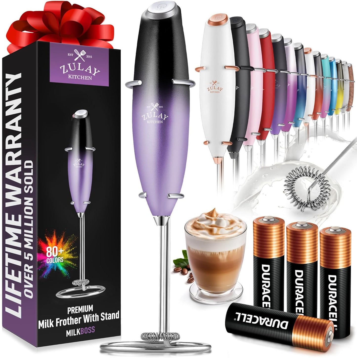 Zulay Kitchen Milk Frother Wand - Ultra-Fast Handheld Drink Mixer with 4 AA Duracell Batteries | Perfect for Coffee, Lattes, Cappuccino, Matcha & Creamer - Galaxy