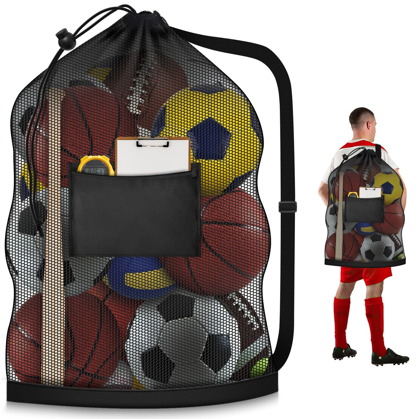 Extra Large Sports Ball Bag, Heavy Duty Breathable Mesh Storage Bag, 40" x 30" Hold 10-12 Soccer Basketball Football, Adjustable Shoulder Strap, Ideal for Coaches, Team, Swimming Gear (Zipper Pocket)