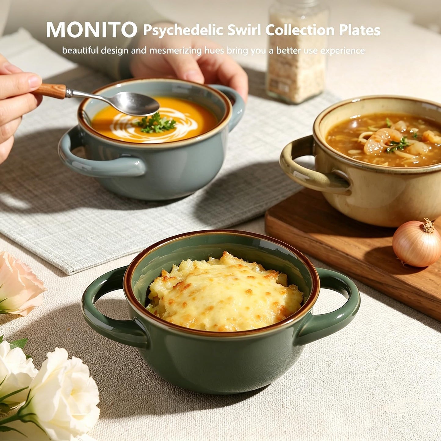 MONITO Ceramic Soup Bowl with Handles, 16 oz French Onion Soup Bowls, Ceramic Soup Bowls for Cereal, Pasta, Chilli, Beef Stew, Stackable Serving Bowl Set of 4 (16 OZ)