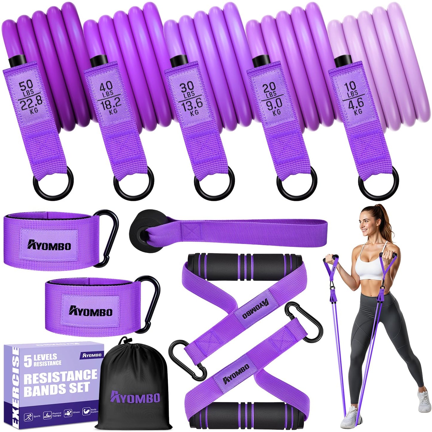 Ayombo Resistance Bands with Handles for Women, 150LBS Exercise Bands Set for Physical Therapy Yoga Pilates, 5 Level Workout Bands for Working Out with Door Anchor, Home Gym Fitness Equipment