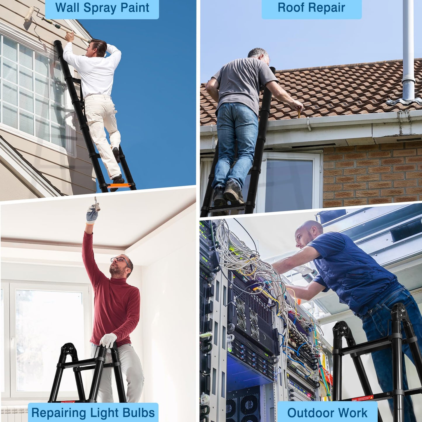 Wolec 16.5 FT A Frame Telescoping Ladder, Adjustable Multi-Purpose Collapsible Extension w/Balance Bar & Wheels, Heavy Duty 330 lbs Max Capacity, Ideal for Home and Outdoor Work, Black
