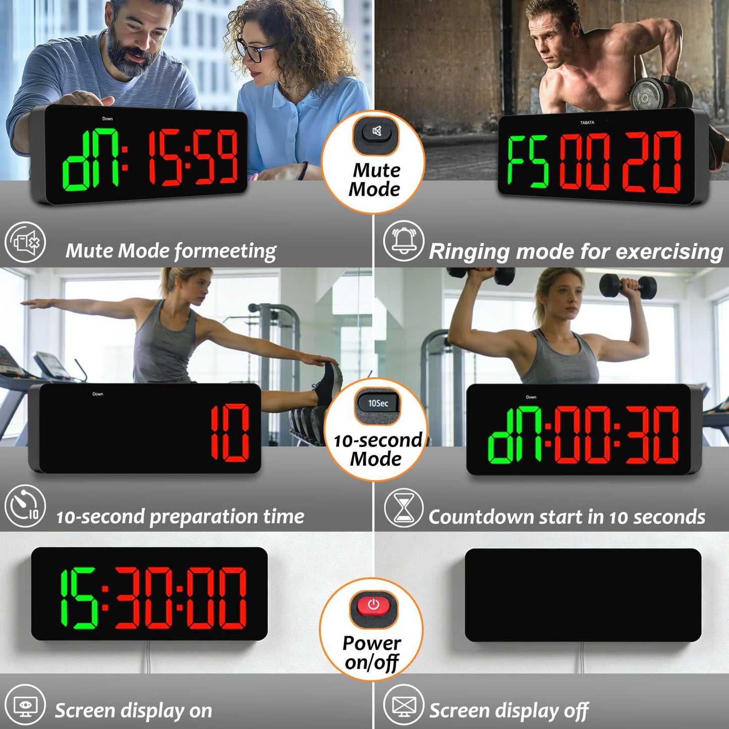 QINYUNE Gym Clock Timer for Tabata/FGB/EMOM,Interval Workout with Large LED Display,Digital Wall Clock with Seconds | Fitness Timer with Remote Control for Classroom Home Garage Office